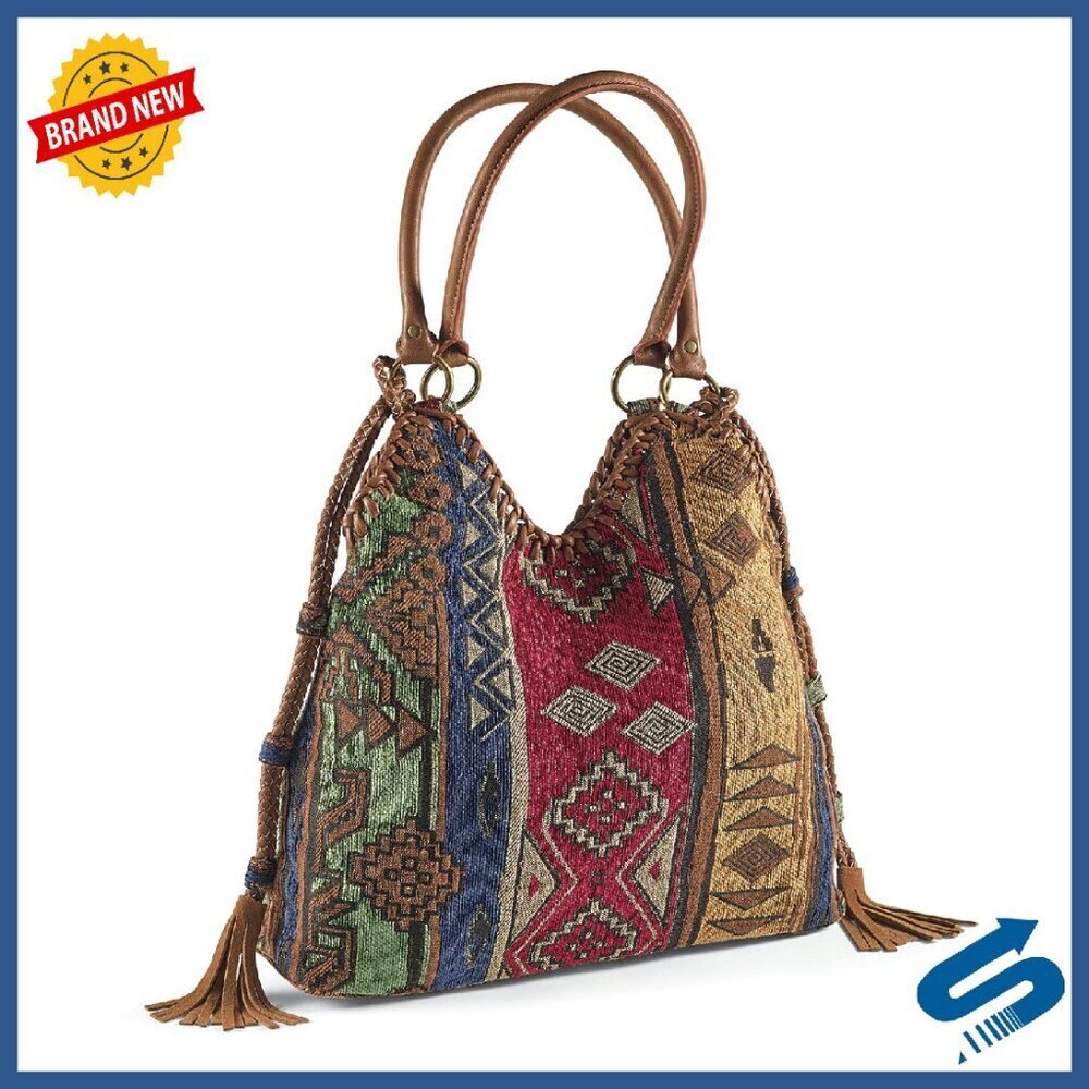Large Tapestry Tote Bag with Snap Closure and Interior Pockets